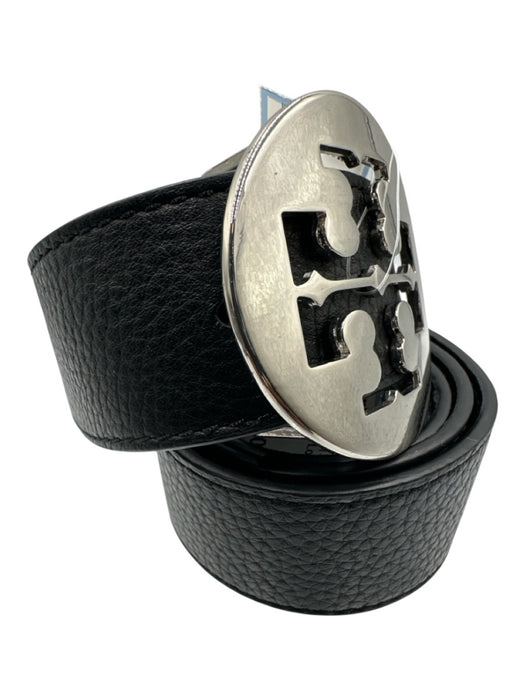 Tory Burch Black Pebble Leather Silver Logo Logo Buckle Wide Belts Black / M/L