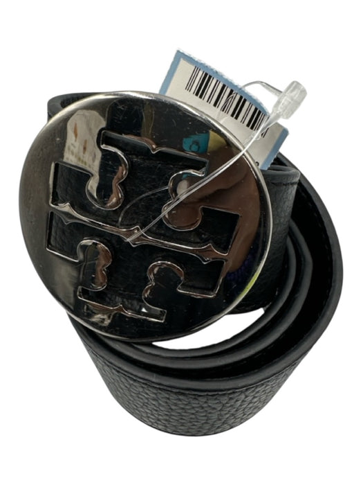 Tory Burch Black Pebble Leather Silver Logo Logo Buckle Wide Belts Black / M/L
