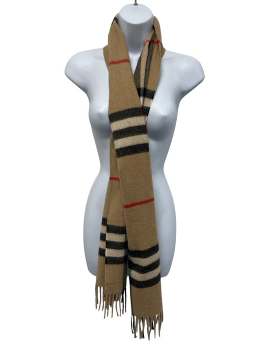 Burberry Tan, Red, Black Cashmere Rectangle Nova Check Fringe scarf Tan, Red, Black
