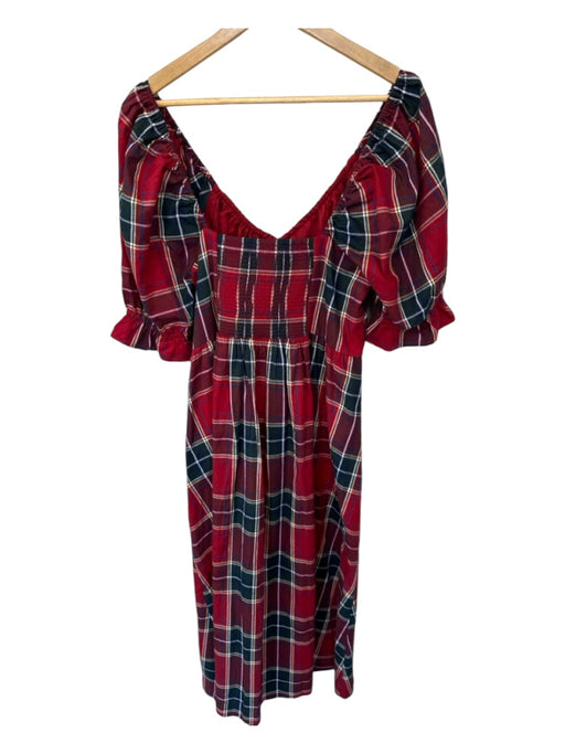 Hill House Size XL Red & Navy Cotton Short Balloon Sleeve Plaid Maxi Dress Red & Navy / XL