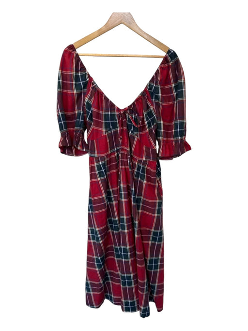 Hill House Size XL Red & Navy Cotton Short Balloon Sleeve Plaid Maxi Dress Red & Navy / XL