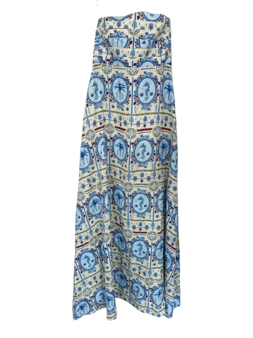 Palm Noosa Size 8 Blue & Red Linen Strapless Palm Trees Fish Seashell Dress Blue & Red / 8