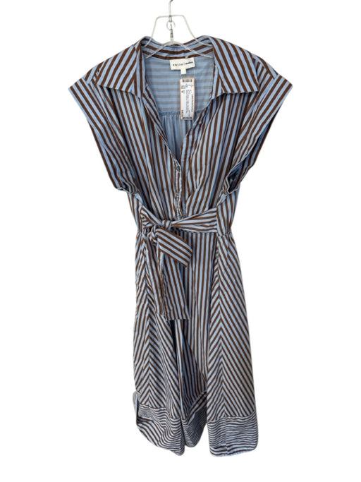 Entro Size M Blue & Brown Cotton Cap Sleeve Striped Buttons Attached Belt Dress Blue & Brown / M