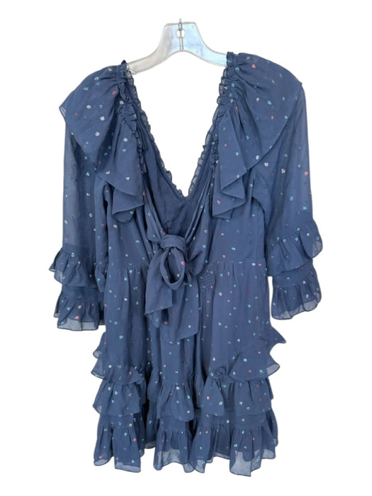 Rebecca Taylor Size 4 Navy & Red Silk Long Bell Sleeve Polka Dot Metallic Dress Navy & Red / 4