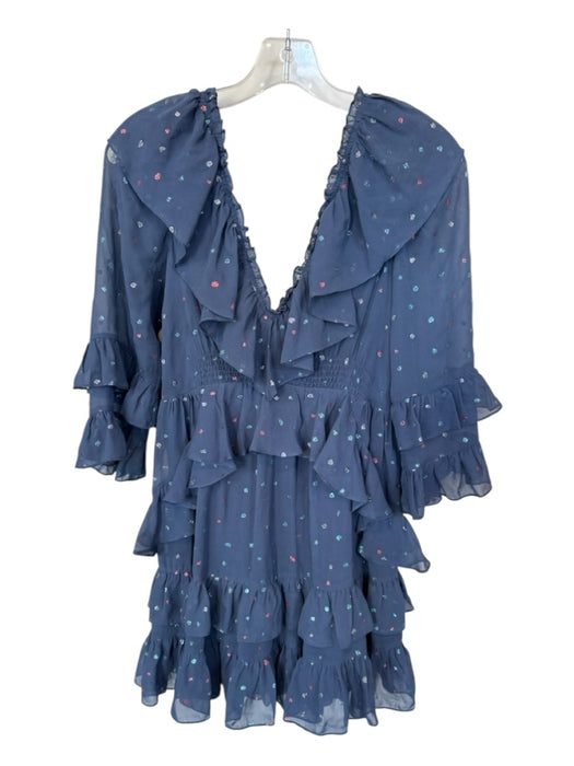 Rebecca Taylor Size 4 Navy & Red Silk Long Bell Sleeve Polka Dot Metallic Dress Navy & Red / 4