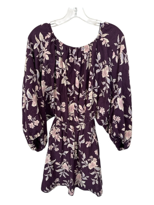 Free People Size XS purple & pink Linen Blend Long Balloon Sleeve Flowers Dress purple & pink / XS