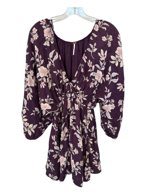 Free People Size XS purple & pink Linen Blend Long Balloon Sleeve Flowers Dress purple & pink / XS