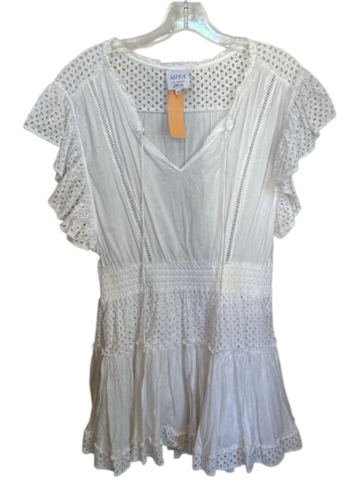 Misa Size XS White Cotton Flutter Sleeves Eyelet Smocked Waist Mini Dress White / XS