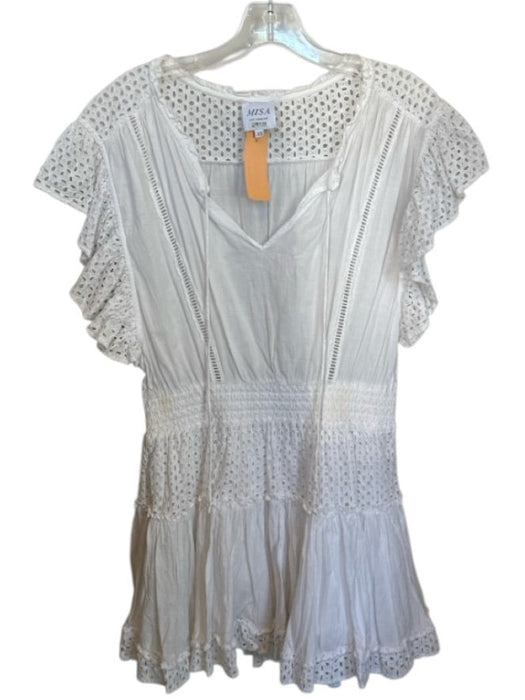 Misa Size XS White Cotton Flutter Sleeves Eyelet Smocked Waist Mini Dress White / XS