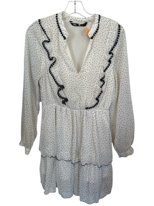 Zara Size M White & Black Polyester Long Sleeve Polka Dot Lace Trim Dress White & Black / M