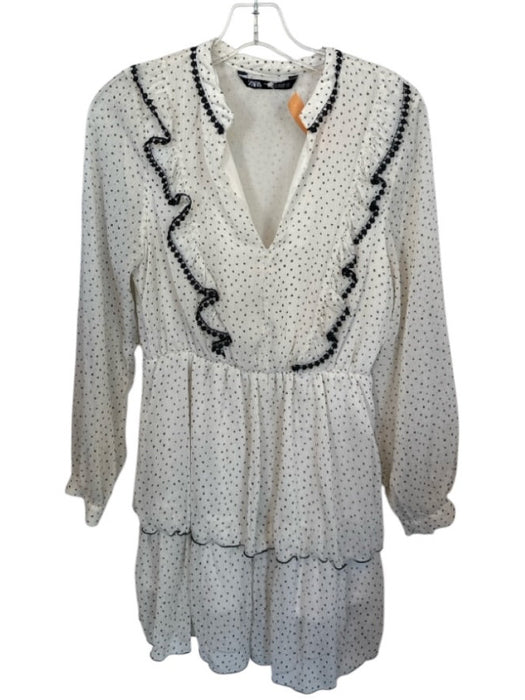 Zara Size M White & Black Polyester Long Sleeve Polka Dot Lace Trim Dress White & Black / M