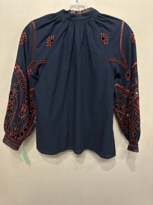 Cartolina Size XS Navy Blue & Orange Cotton Blend Long Balloon Sleeve V Neck Top