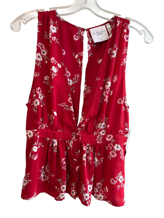 L'Academie Size S Red Polyester Sleeveless Floral Print V Neck Key Hole Back Top Red / S