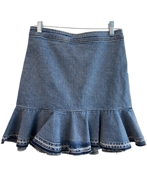 0 Degrees Celsius Cotton Denim High Rise Back Zip Ruffle Hem Above Knee Skirt Cotton