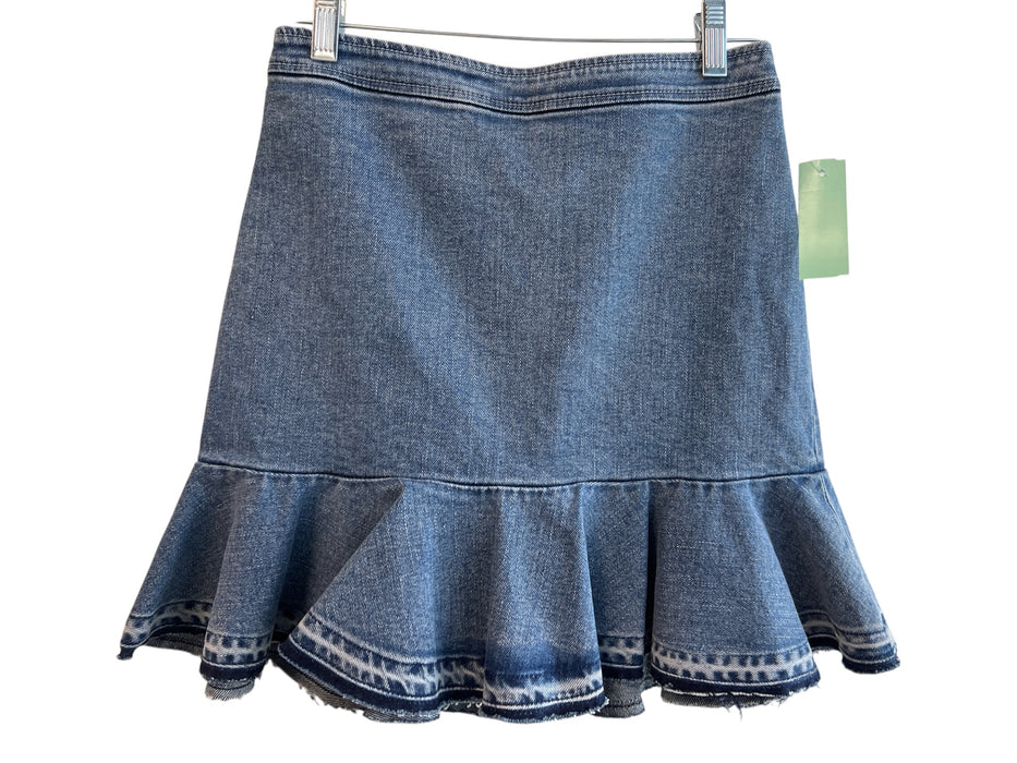 0 Degrees Celsius Cotton Denim High Rise Back Zip Ruffle Hem Above Knee Skirt Cotton