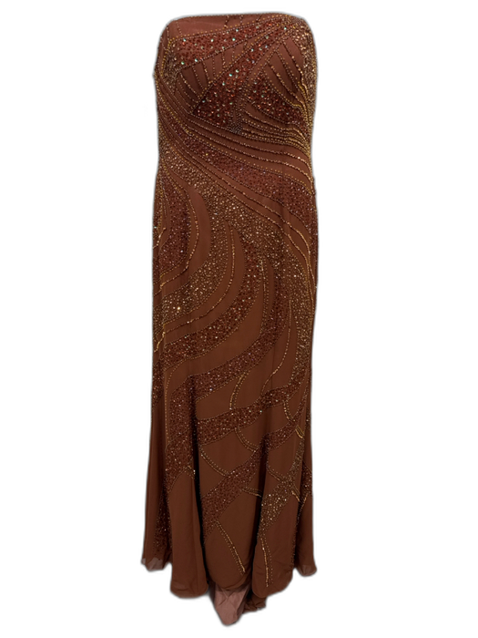 Tiffany Designs Size 14 Brown Polyester Sequined Beaded Spaghetti Strap Gown Brown / 14