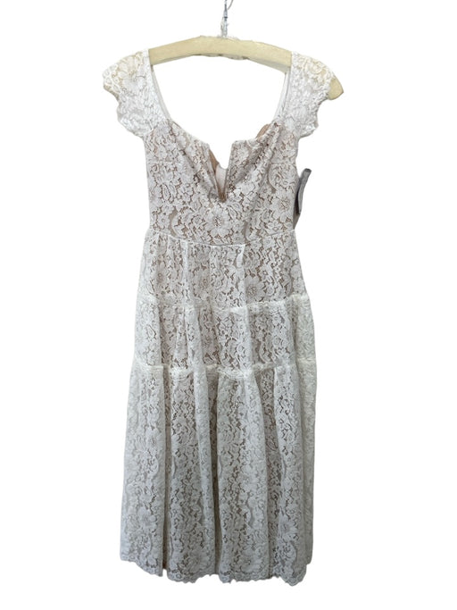 Lulus Size XS White & Beige Cotton Blend Lace Overlay V Neck Off Shoulder Dress White & Beige / XS