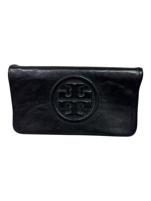 Tory Burch Black Leather Leather Logo Fold Over Shoulder Chain Clutch Bag Black / Small