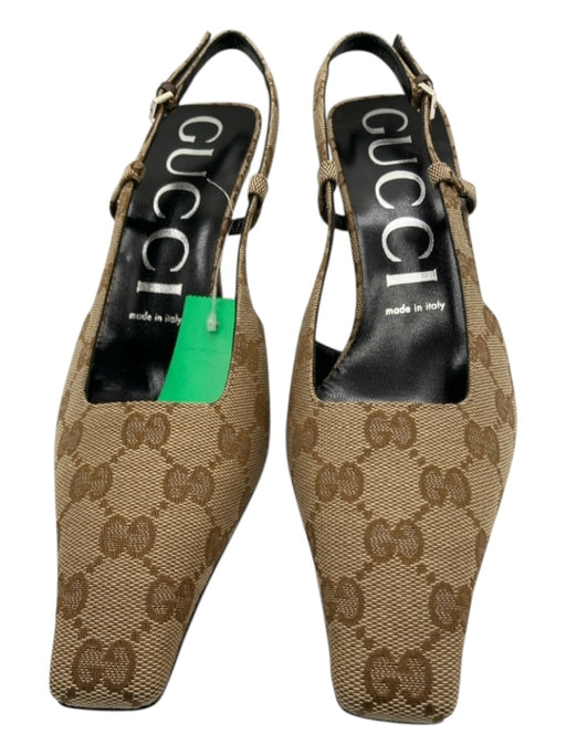 Gucci Shoe Size 38 Beige & Brown Canvas Guccisima Pointed Toe Slingback Pumps Beige & Brown / 38