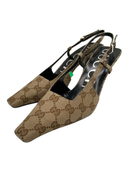 Gucci Shoe Size 38 Beige & Brown Canvas Guccisima Pointed Toe Slingback Pumps Beige & Brown / 38