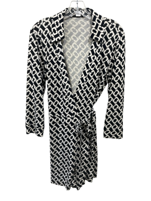 Diane Von Furstenberg Size 8 Black & White Silk Long Sleeve Wrap Romper Black & White / 8