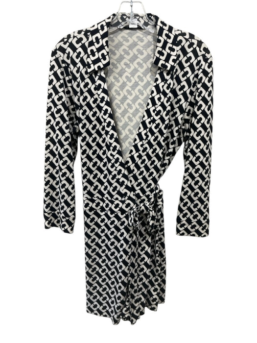 Diane Von Furstenberg Size 8 Black & White Silk Long Sleeve Wrap Romper Black & White / 8