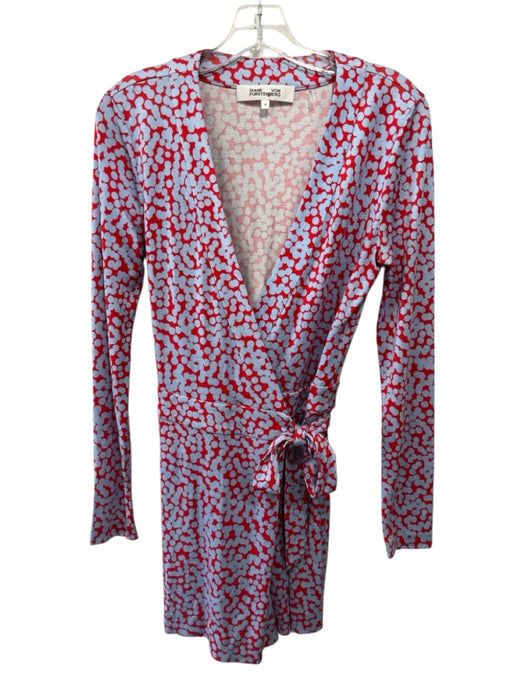 Diane Von Furstenberg Size 8 Blue & Red Silk Long Sleeve All Over Print Romper Blue & Red / 8