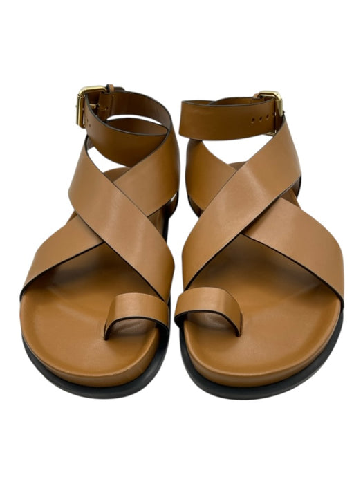 A.Emery Shoe Size 38 Tan Leather Criss Cross Gold Buckle Ankle Strap Sandals Tan / 38