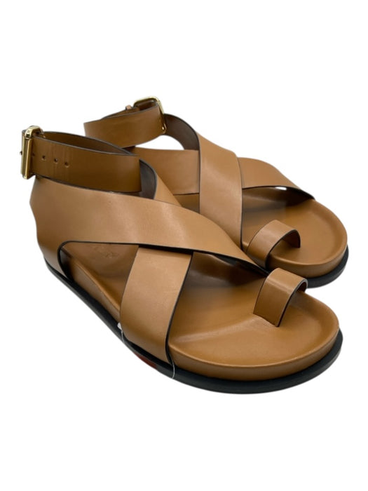 A.Emery Shoe Size 38 Tan Leather Criss Cross Gold Buckle Ankle Strap Sandals Tan / 38