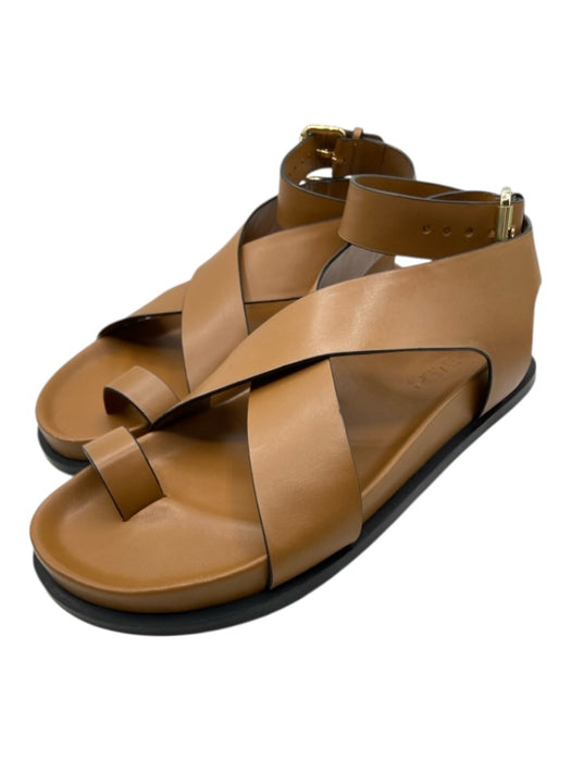 A.Emery Shoe Size 38 Tan Leather Criss Cross Gold Buckle Ankle Strap Sandals Tan / 38