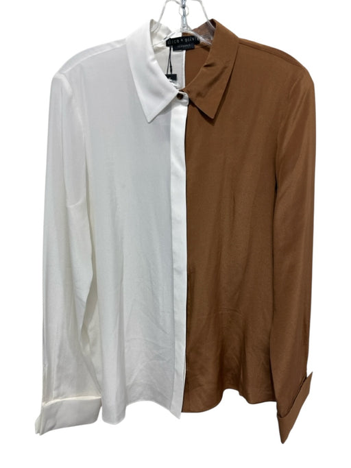 Alice & Olivia Size M Brown & White Silk Long Sleeve Color Block Cufflinks Top Brown & White / M