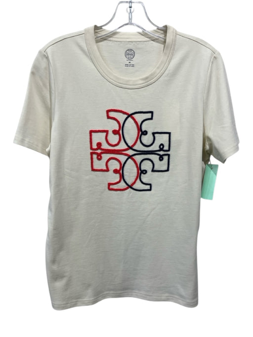 Tory Burch Size M Ivory, Red, Blue Cotton beaded design Logo Short Sleeve Top Ivory, Red, Blue / M