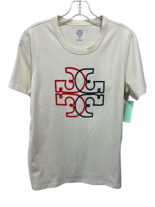 Tory Burch Size M Ivory, Red, Blue Cotton beaded design Logo Short Sleeve Top Ivory, Red, Blue / M
