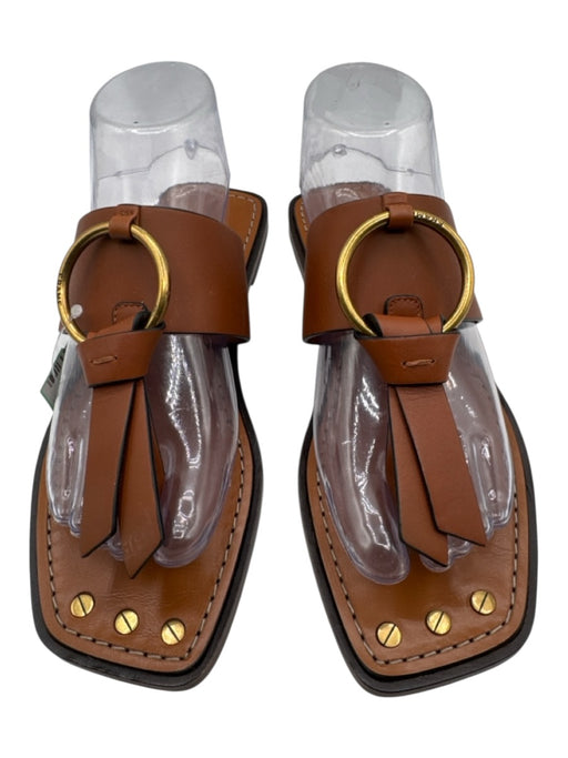 Frame Shoe Size 38 Brown Leather Ring Square Toe Screw Thong Sandals Brown / 38
