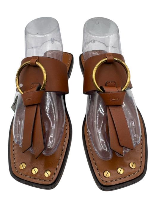 Frame Shoe Size 38 Brown Leather Ring Square Toe Screw Thong Sandals Brown / 38