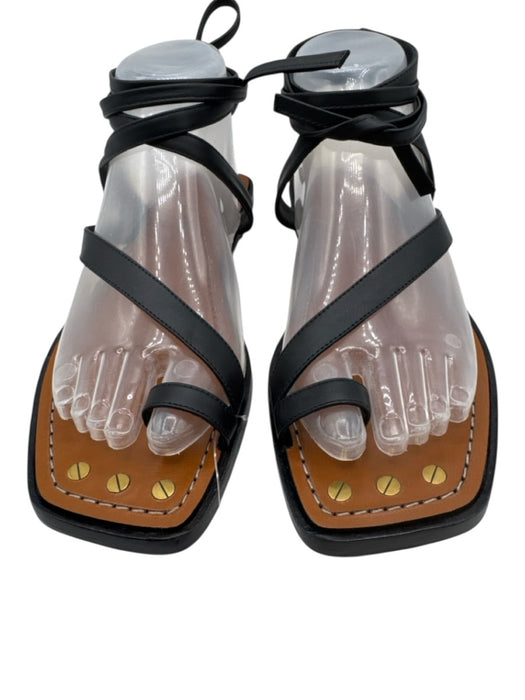 Frame Shoe Size 37.5 Black Leather Ring Square Toe Screw Thong Sandals Black / 37.5
