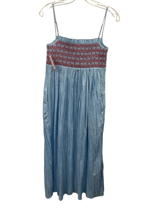 J. Crew Size XS Blue & Red Cotton Blend Shirred Embroidered Empire Waist Dress Blue & Red / XS