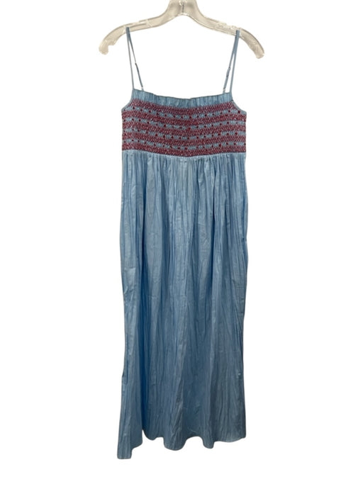 J. Crew Size XS Blue & Red Cotton Blend Shirred Embroidered Empire Waist Dress Blue & Red / XS