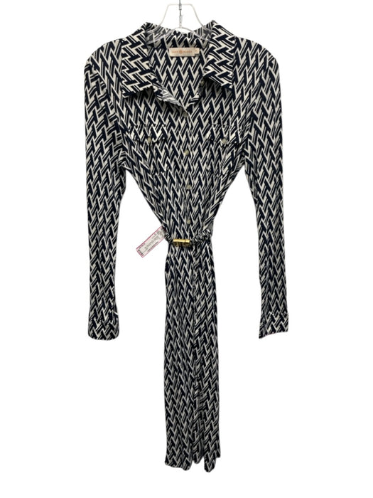 Tory Burch Size S Navy Blue & White Viscose & Silk Geometric Long Sleeve Dress Navy Blue & White / S