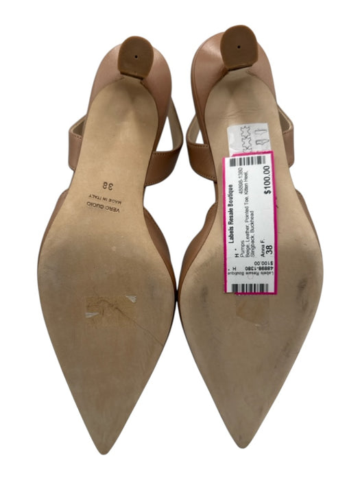 Anna F. Shoe Size 38 Beige Leather Pointed Toe Kitten Heel Slingback Pumps Beige / 38