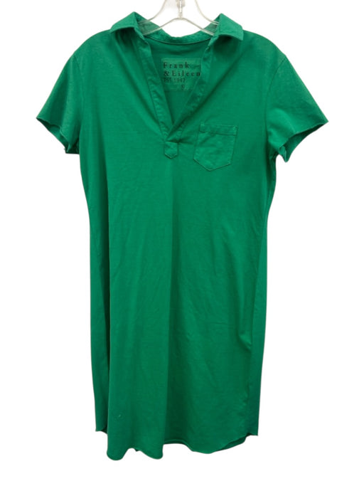 Frank & Eileen Size S Green Cotton Raw Edge Short Sleeve Collar Shift Dress Green / S