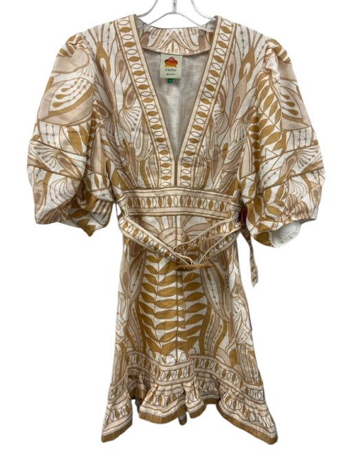 Farm Rio Size M yellow, tan, white Linen Raffia Abstract Leaves Mini Dress yellow, tan, white / M