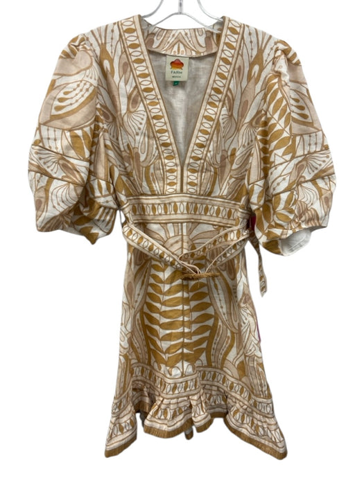 Farm Rio Size M yellow, tan, white Linen Raffia Abstract Leaves Mini Dress yellow, tan, white / M