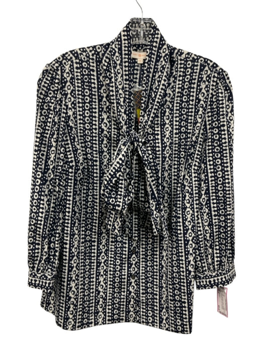 Tory Burch Size 8 Navy Blue & White Silk Blend Geometric Stripe Bow Top Navy Blue & White / 8