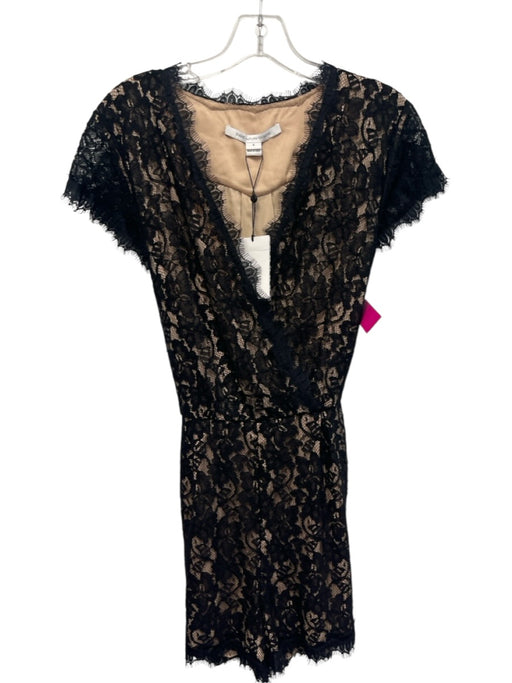 Diane Von Furstenberg Size 8 Black & Beige Rayon Blend Floral Tie Waist Romper Black & Beige / 8
