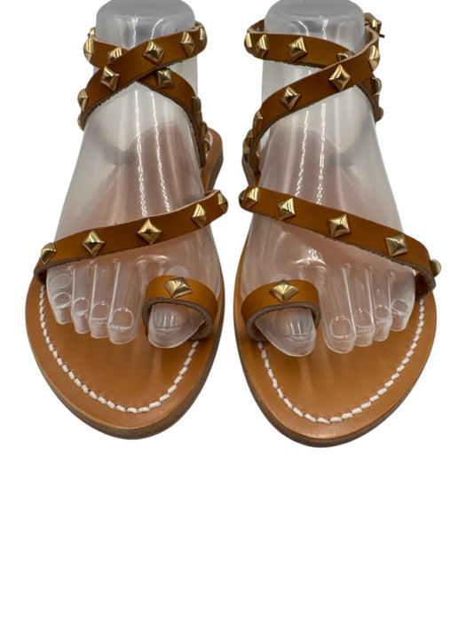 K Jacques Shoe Size 39 Tan Brown Leather Gold Studs Buckle Toe Strap Sandals Tan Brown / 39