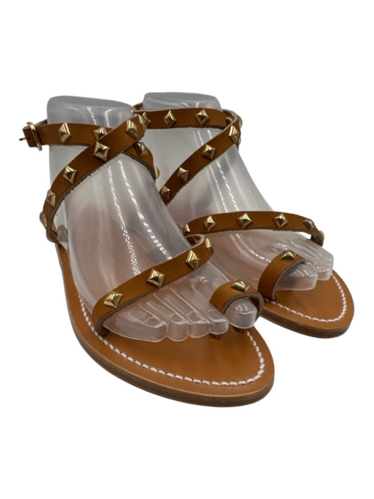 K Jacques Shoe Size 39 Tan Brown Leather Gold Studs Buckle Toe Strap Sandals Tan Brown / 39