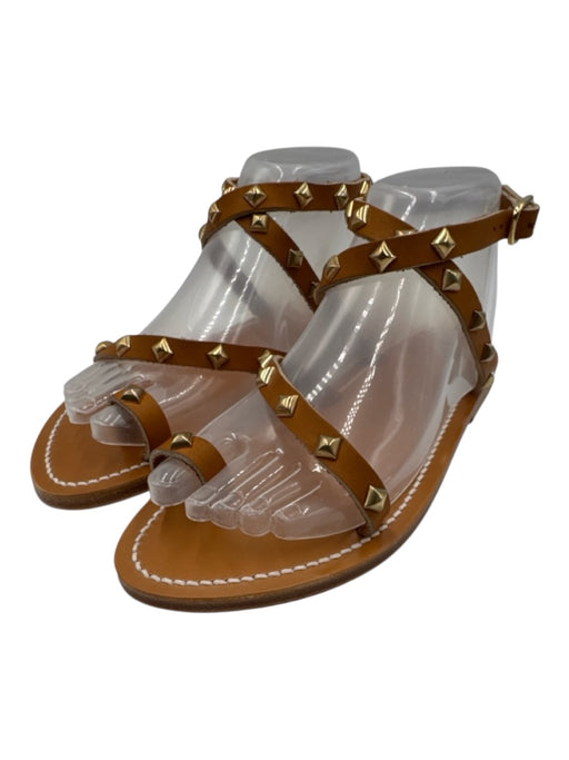 K Jacques Shoe Size 39 Tan Brown Leather Gold Studs Buckle Toe Strap Sandals Tan Brown / 39