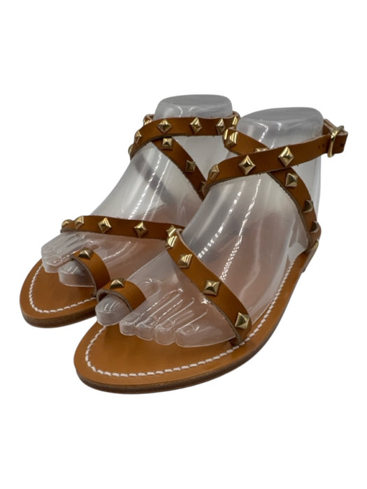 K Jacques Shoe Size 39 Tan Brown Leather Gold Studs Buckle Toe Strap Sandals Tan Brown / 39