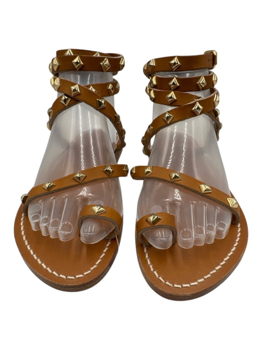 K Jacques Shoe Size 38 Brown Leather Gold Studs toe strap Ankle Wrap Sandals Brown / 38